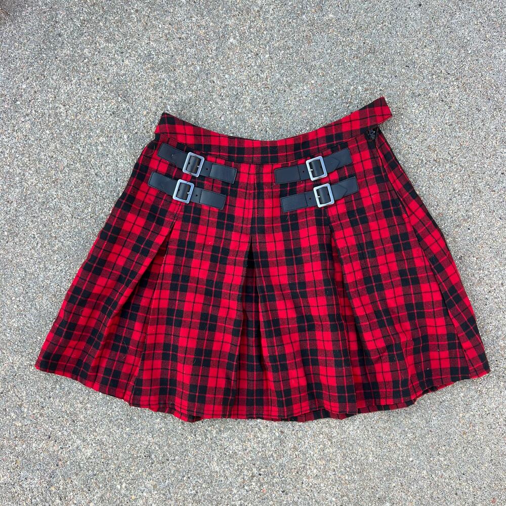 Y2K Hot Topic Black Red Plaid Pleated Mini Skirt Kilt Punk Goth Euro XS